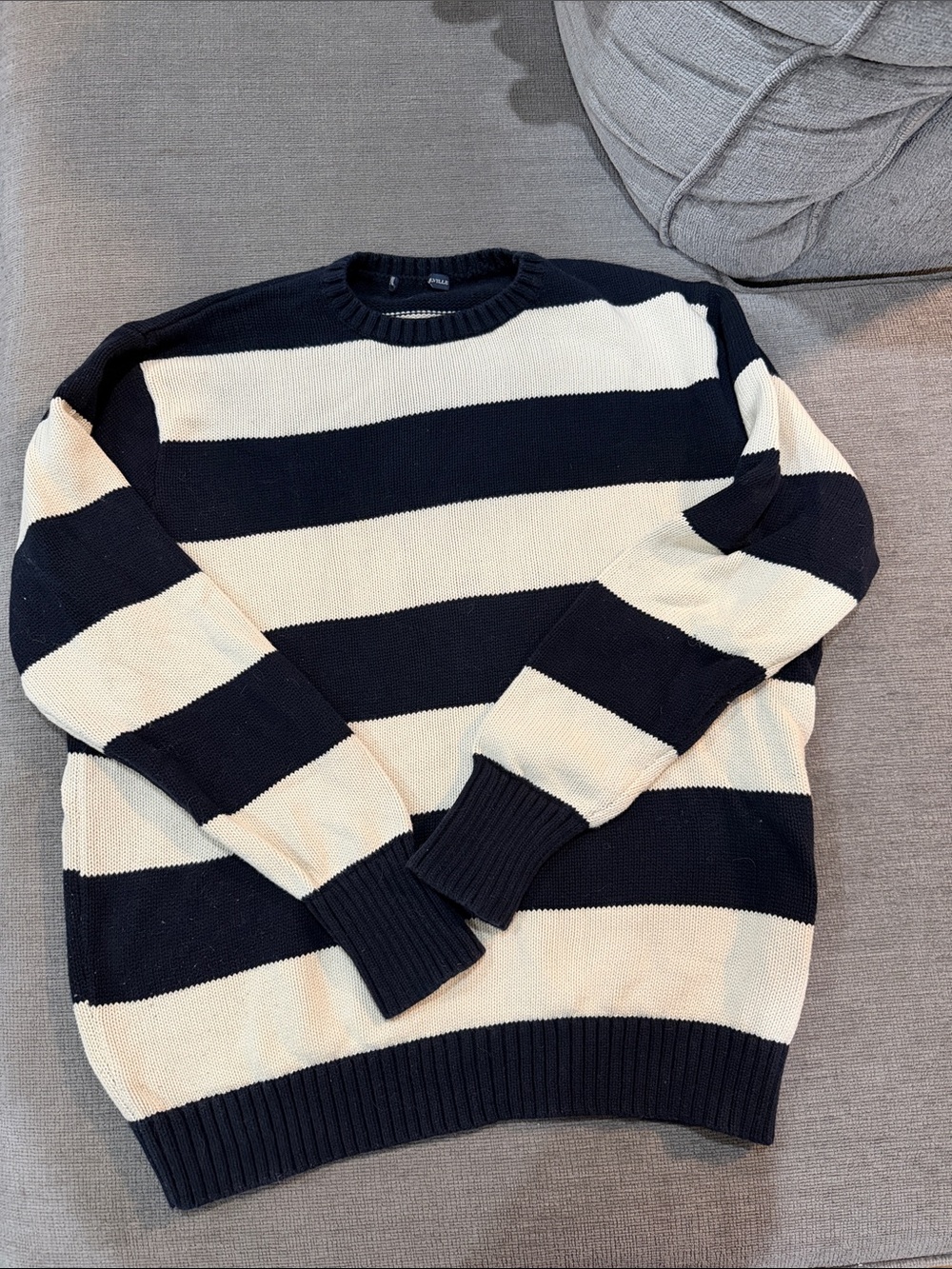Brandy Melville Navy and Cream Striped Crewneck Sweater
